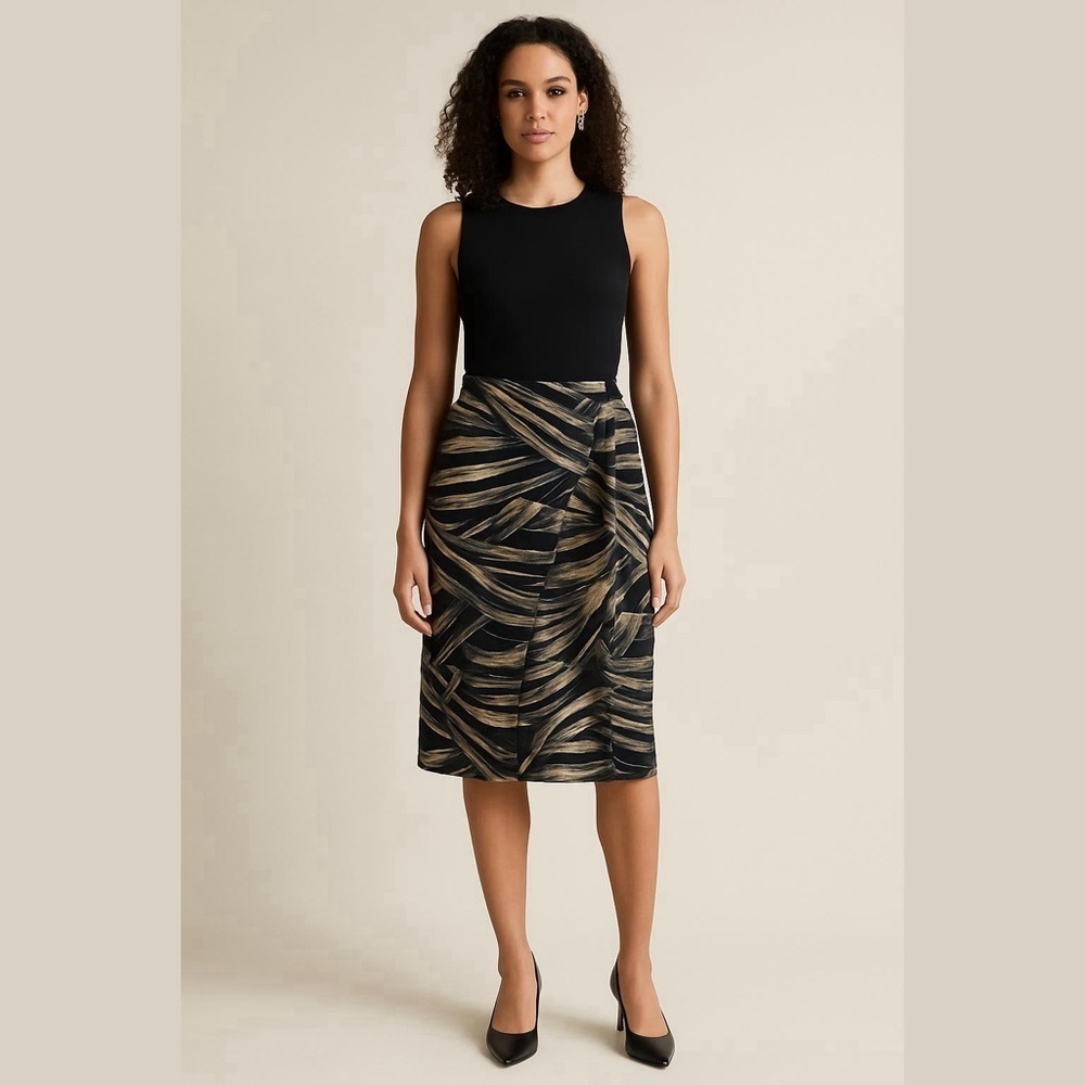 Jones New York Skirt 12 Silk Black Geo Print Faux Wrap Midi A-Line Mod Retro